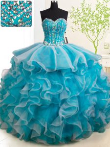 Suitable Teal Sleeveless With Train Beading and Ruffles Lace Up Quinceanera Dresses