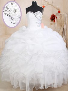 Floor Length Zipper Ball Gown Prom Dress White for Military Ball and Sweet 16 and Quinceanera with Beading and Ruffles and Pick Ups