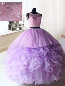 Scoop Sleeveless Floor Length Beading and Ruffles Zipper Quince Ball Gowns with Lilac