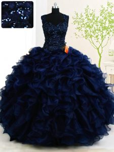 Pretty Straps Organza Sleeveless Floor Length 15th Birthday Dress and Beading and Ruffles