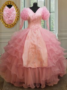 Pretty Organza Half Sleeves Floor Length 15 Quinceanera Dress and Beading and Embroidery and Ruffled Layers