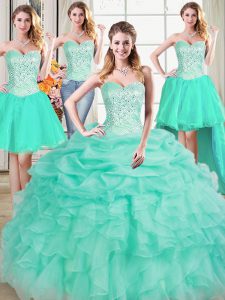Four Piece Apple Green Sweetheart Lace Up Beading and Ruffles and Pick Ups 15th Birthday Dress Sleeveless