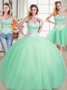 Three Piece Apple Green Sleeveless Floor Length Beading Lace Up Quinceanera Dress