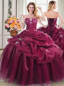 Customized Sweetheart Sleeveless Organza Quinceanera Gown Appliques and Pick Ups Lace Up