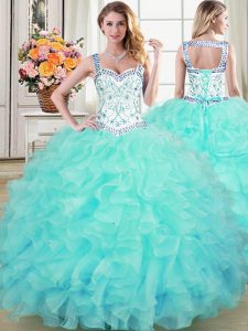 Aqua Blue Lace Up Straps Beading and Lace and Ruffles Quince Ball Gowns Organza Sleeveless