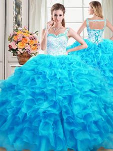 Perfect Baby Blue Quinceanera Gown Military Ball and Sweet 16 and Quinceanera with Beading and Ruffles Straps Sleeveless Lace Up