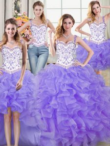 Custom Design Four Piece Straps Lavender Sleeveless Beading and Lace and Ruffles Floor Length Ball Gown Prom Dress