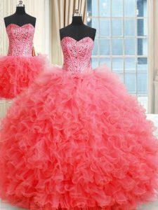Three Piece Sleeveless Organza Floor Length Lace Up Ball Gown Prom Dress in Coral Red with Beading and Ruffles