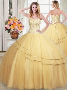 New Style Sequins Gold Sleeveless Tulle Lace Up Quinceanera Dress for Military Ball and Sweet 16 and Quinceanera