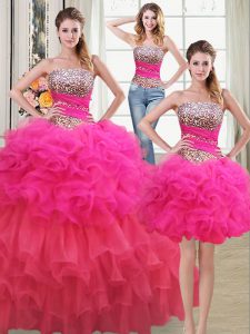 Deluxe Three Piece Floor Length Lace Up 15th Birthday Dress Multi-color for Military Ball and Sweet 16 and Quinceanera with Beading and Ruffles and Ruffled Layers and Sequins