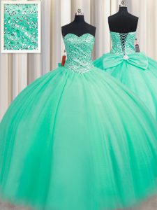 Excellent Sweetheart Sleeveless Sweet 16 Dresses Floor Length Beading and Bowknot Turquoise Tulle
