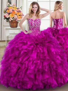 Fuchsia Ball Gowns Sweetheart Sleeveless Organza Brush Train Lace Up Beading and Ruffles Sweet 16 Dresses