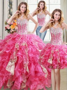 Sexy Three Piece Sweetheart Sleeveless Organza Quinceanera Gowns Beading and Ruffles and Sequins Lace Up