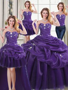 Four Piece Pick Ups Floor Length Purple Sweet 16 Dresses Sweetheart Sleeveless Lace Up