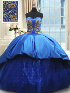 Satin Sweetheart Sleeveless Court Train Lace Up Beading and Embroidery 15th Birthday Dress in Royal Blue