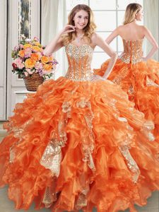 Traditional Orange Sleeveless Floor Length Beading and Ruffles and Sequins Lace Up Quinceanera Dress