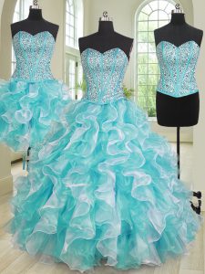 Classical Three Piece Blue And White Ball Gowns Sweetheart Sleeveless Organza Lace Up Beading and Ruffles Quinceanera Dress
