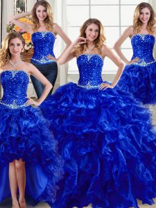 High Class Four Piece Sleeveless Floor Length Beading and Ruffles Lace Up Sweet 16 Dresses with Royal Blue