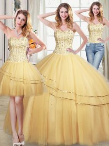 Three Piece Gold Tulle Lace Up Quinceanera Dresses Sleeveless Floor Length Beading and Sequins