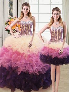 Three Piece Multi-color Sleeveless Beading and Ruffles Floor Length Sweet 16 Dresses