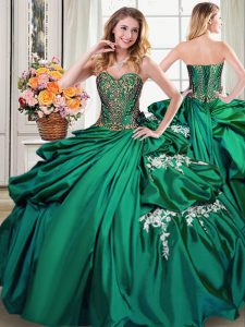 Dark Green Taffeta Lace Up Sweetheart Sleeveless Floor Length Quinceanera Dresses Beading and Appliques and Pick Ups