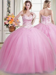 Romantic Tulle Sweetheart Sleeveless Lace Up Beading Quinceanera Dress in Rose Pink