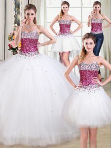 High Class Four Piece White Sleeveless Tulle Lace Up Vestidos de Quinceanera for Military Ball and Sweet 16 and Quinceanera