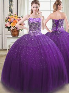 Extravagant Sweetheart Sleeveless Tulle Quince Ball Gowns Beading Lace Up