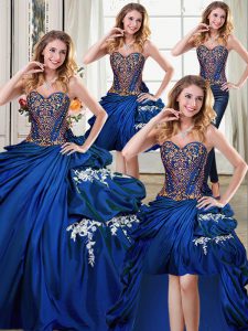 Four Piece Royal Blue Quinceanera Dresses Military Ball and Sweet 16 and Quinceanera with Beading and Appliques and Pick Ups Sweetheart Sleeveless Lace Up