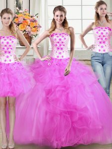 Three Piece Mermaid Fuchsia Strapless Neckline Beading and Appliques and Ruffles Sweet 16 Quinceanera Dress Sleeveless Lace Up