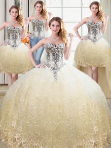 Delicate Four Piece Sweetheart Sleeveless Lace Up Vestidos de Quinceanera Champagne Tulle and Lace