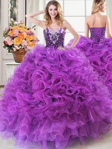 Eggplant Purple Organza Lace Up 15 Quinceanera Dress Sleeveless Floor Length Beading and Ruffles