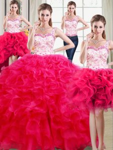 Four Piece Straps Sleeveless Organza Floor Length Lace Up Quinceanera Dresses in Hot Pink with Beading and Ruffles