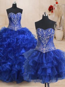 Three Piece Royal Blue Organza Lace Up Quince Ball Gowns Sleeveless With Brush Train Beading and Ruffles
