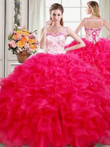 Hot Pink Quinceanera Gowns Military Ball and Sweet 16 and Quinceanera with Beading and Ruffles Straps Sleeveless Lace Up