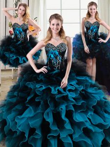 Cute Four Piece Sleeveless Lace Up Floor Length Beading and Ruffles and Hand Made Flower Quinceanera Gowns