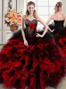 Delicate Black and Red Ball Gowns Sweetheart Sleeveless Organza and Tulle Floor Length Lace Up Beading and Ruffles and Hand Made Flower 15th Birthday Dress