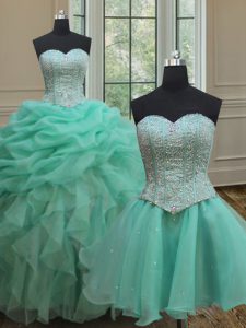 Luxurious Three Piece Pick Ups Floor Length Ball Gowns Sleeveless Turquoise Quince Ball Gowns Lace Up