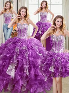 High End Four Piece Purple Sweetheart Lace Up Beading and Ruffles and Sequins 15 Quinceanera Dress Sleeveless