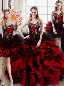 Fitting Four Piece Floor Length Lace Up Ball Gown Prom Dress Black and Red for Military Ball and Sweet 16 and Quinceanera with Beading and Ruffles and Hand Made Flower