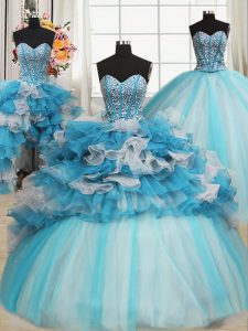 Organza and Tulle Sweetheart Sleeveless Lace Up Beading and Ruffles Ball Gown Prom Dress in Blue And White