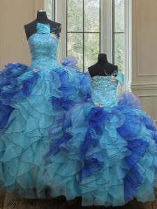 Inexpensive Floor Length Lace Up 15 Quinceanera Dress Blue for Military Ball and Sweet 16 and Quinceanera with Beading and Ruffles