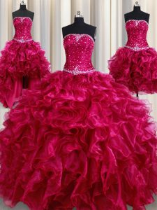 Elegant Four Piece Floor Length Lace Up Quinceanera Dresses Burgundy for Military Ball and Sweet 16 and Quinceanera with Beading and Ruffles