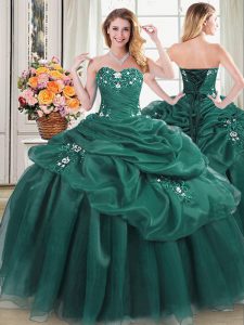 Luxury Floor Length Lace Up Sweet 16 Quinceanera Dress Dark Green for Military Ball and Sweet 16 and Quinceanera with Beading and Appliques and Pick Ups