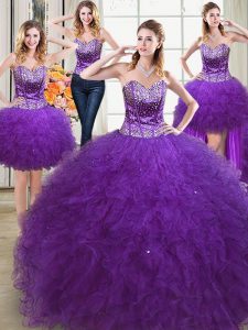Glamorous Four Piece Eggplant Purple Sweetheart Neckline Beading and Ruffles Quinceanera Gown Sleeveless Lace Up