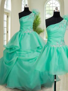 Spectacular Three Piece Organza One Shoulder Sleeveless Lace Up Beading and Hand Made Flower Quinceanera Dress in Turquoise