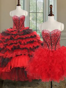 Three Piece Ruffled Black and Red Sleeveless Organza Lace Up Sweet 16 Quinceanera Dress for Military Ball and Sweet 16 and Quinceanera