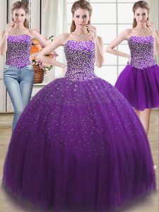 Delicate Three Piece Ball Gowns Quinceanera Gowns Purple Sweetheart Tulle Sleeveless Floor Length Lace Up