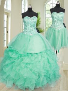 Popular Three Piece Turquoise Sweetheart Lace Up Beading and Ruffles Quinceanera Gowns Sleeveless