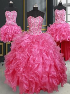 Luxury Four Piece Ball Gowns Quince Ball Gowns Hot Pink Sweetheart Organza Sleeveless Floor Length Lace Up